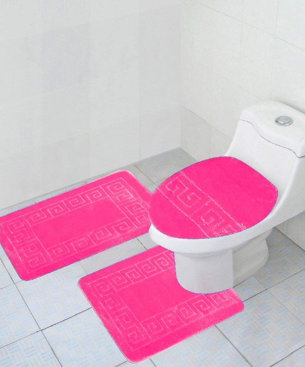 Wpm World Products Mart 3 Piece Bath Rug Set Pattern Bathroom Rug (20X32)Large Contour Mat (20X20) With Lid Cover (Hot Pink)