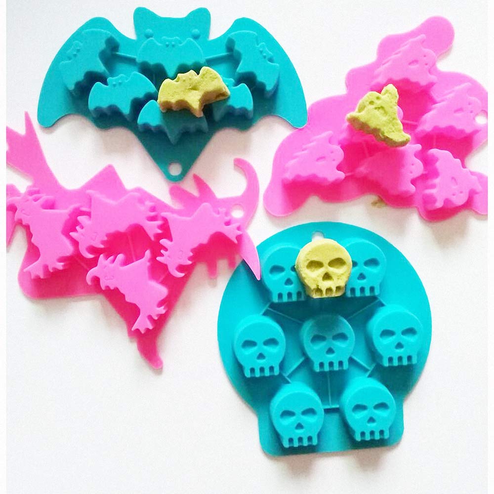 4Pcs/Set Halloween Chocolate Molds, Bat Skull Ghost Witch Silicone Mold For Candy Cake Baking Making Mini Soap Halloween Party F