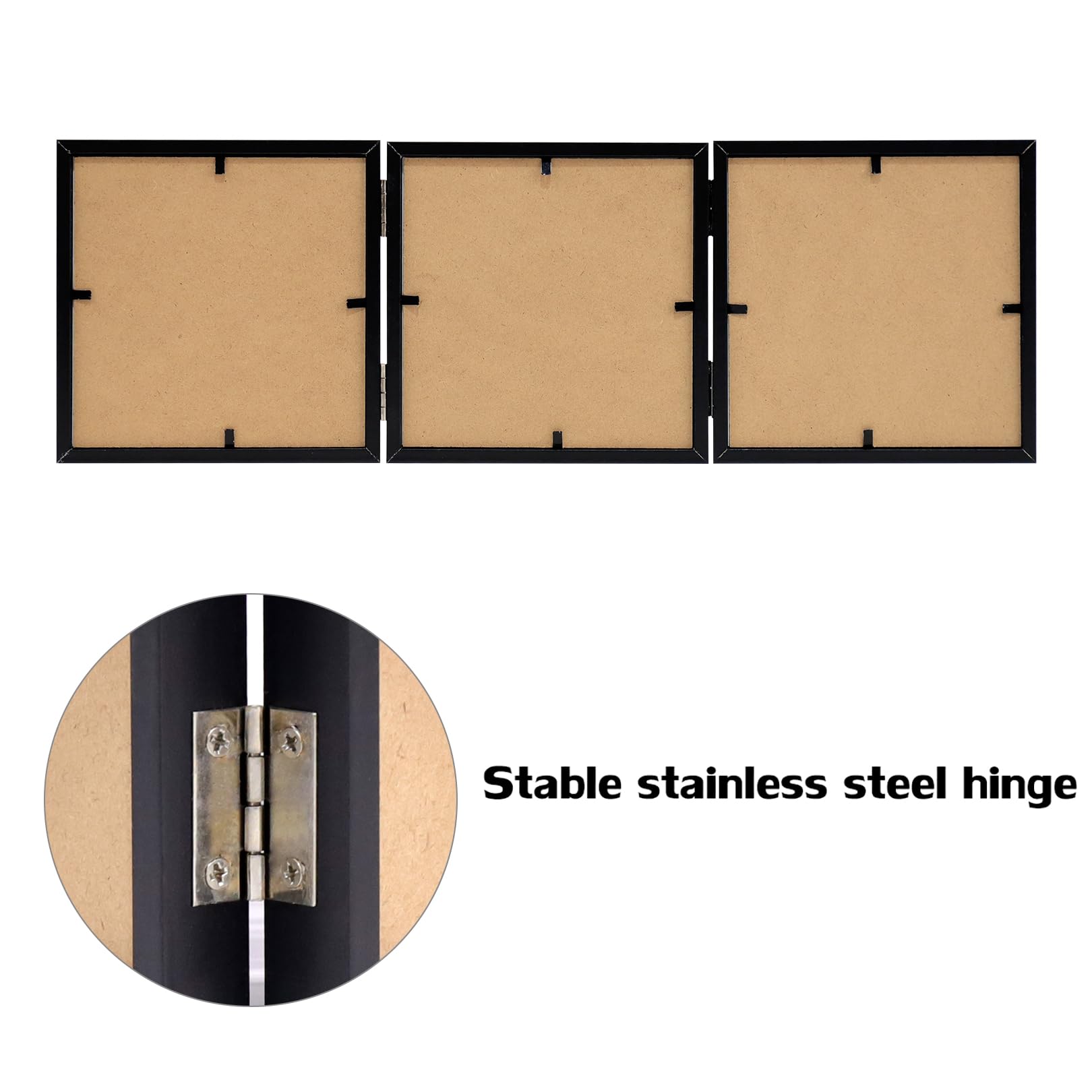 3 Picture Frame 5x5 Black Triple Hinged MDF Wood with Glass Front Three Opening Photo Frame Stand Vertical on Tabletop