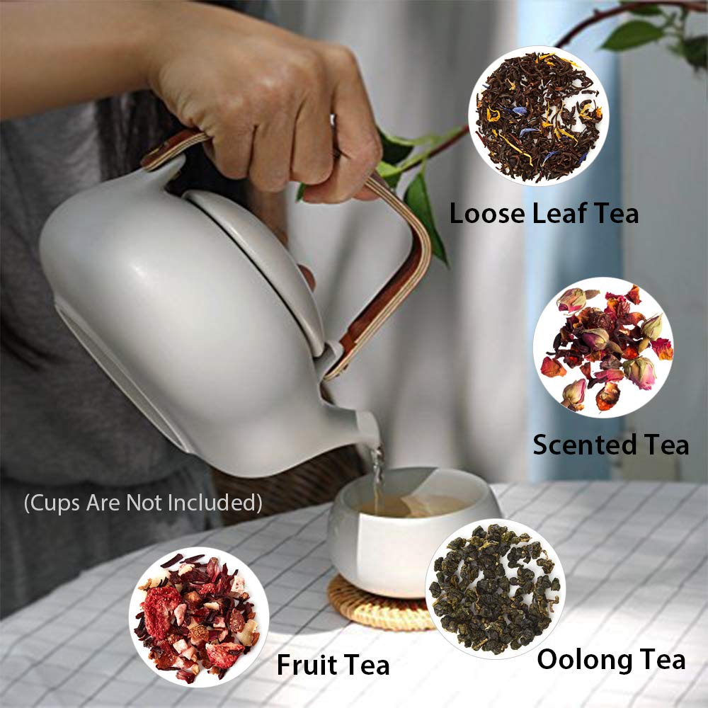 Zens Vintage Japanese Teapot With Strainer, 27Oz Matte Ceramic Loose Leaf Teapot With Infuser For Tea Steeper, Wood Handle Gray