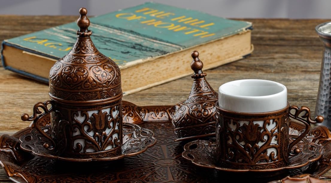 Demmex Turkish Greek Arabic Coffee Espresso Cup With Inner Porcelain, Metal Holder, Saucer And Lid, Turkish Chic Fildzan Fincan,
