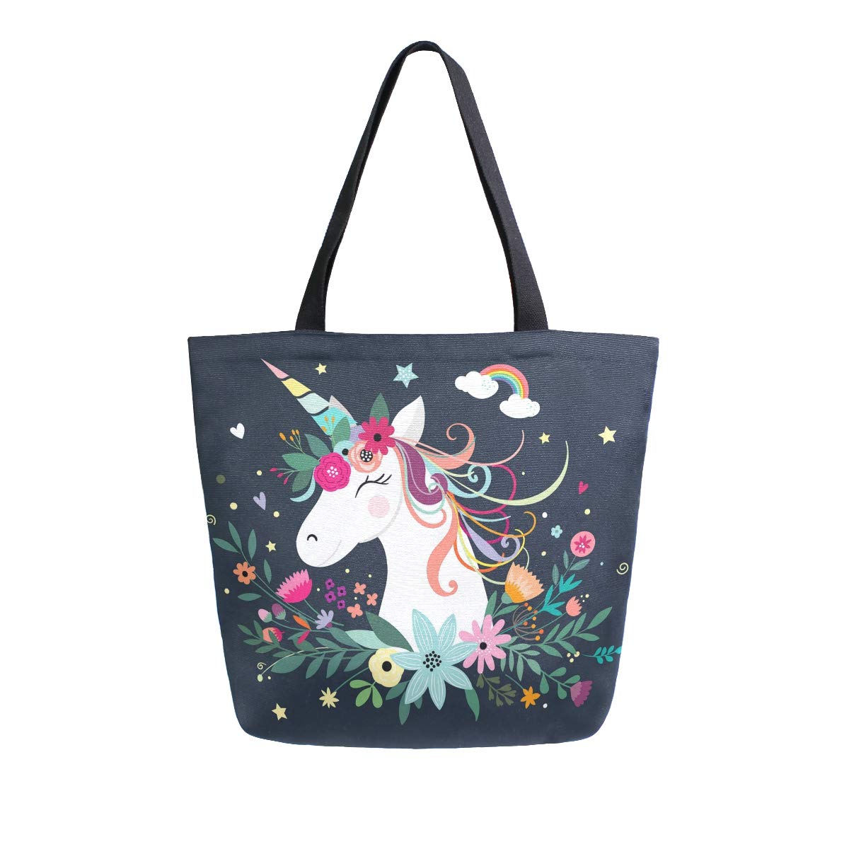 Naanle Floral Unicorn Canvas Tote Bag Large Women Casual Shoulder Bag Handbag, Fantasy Unicorn Reusable Multipurpose Heavy Duty