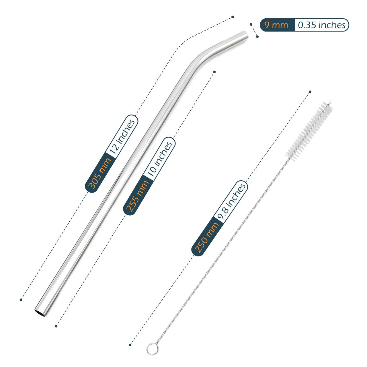 Gfdesign Big Drinking Straws Reusable 12 Inches Extra Long 9Mm Extra Wide Sus 304 Food-Grade 18/8 Stainless Steel - Set Of 4 Wit