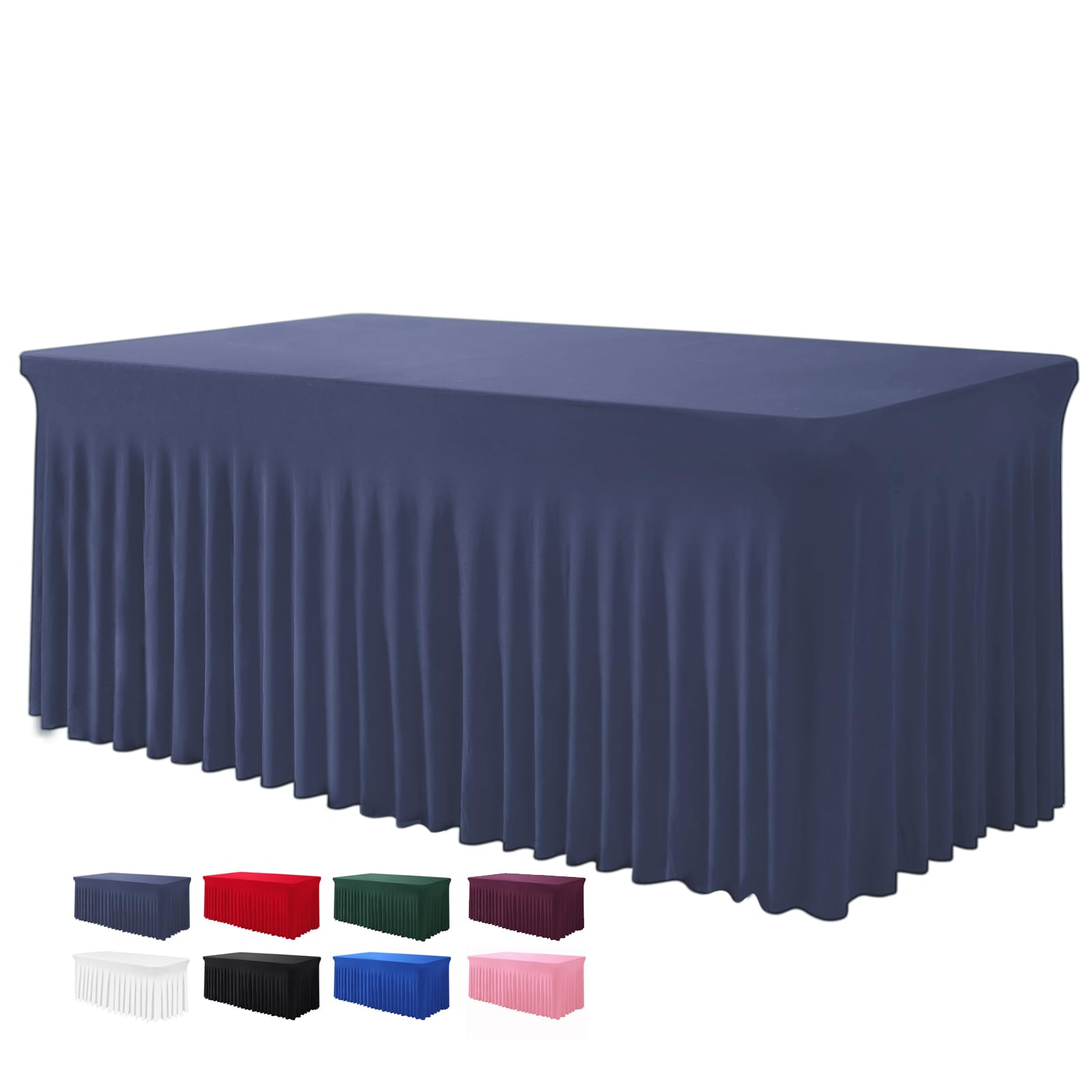 Bddc Table Skirts For Rectangle Tables 8Ft - One-Piece Navy Blue Table Covers For 8 Foot Tables, Wrinkle Resistant Ruffles Elast