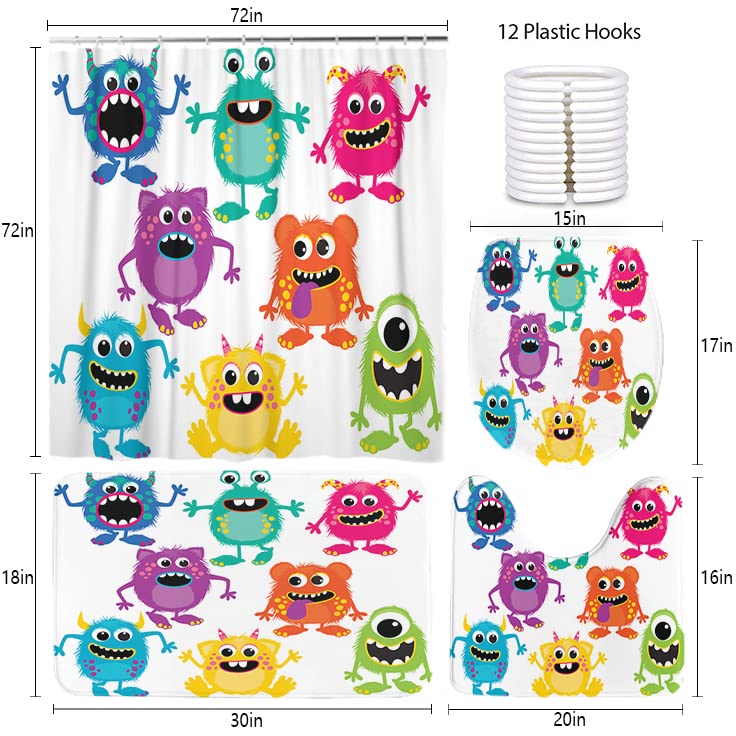 Lokmu 4 Pcs Shower Curtain Sets With Non-Slip Rugs, Toilet Lid Cover And Bath Mat,Cartoon Fluffy Monsters Cute Little Kid Waterp