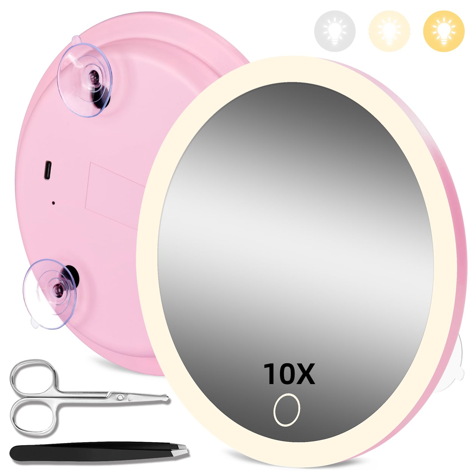10X Magnifying Mirror With Light, Magnifying Mirror With Suction Cups, Led Makeup Magnifying Mirror With 3 Color Modes & Adjusta
