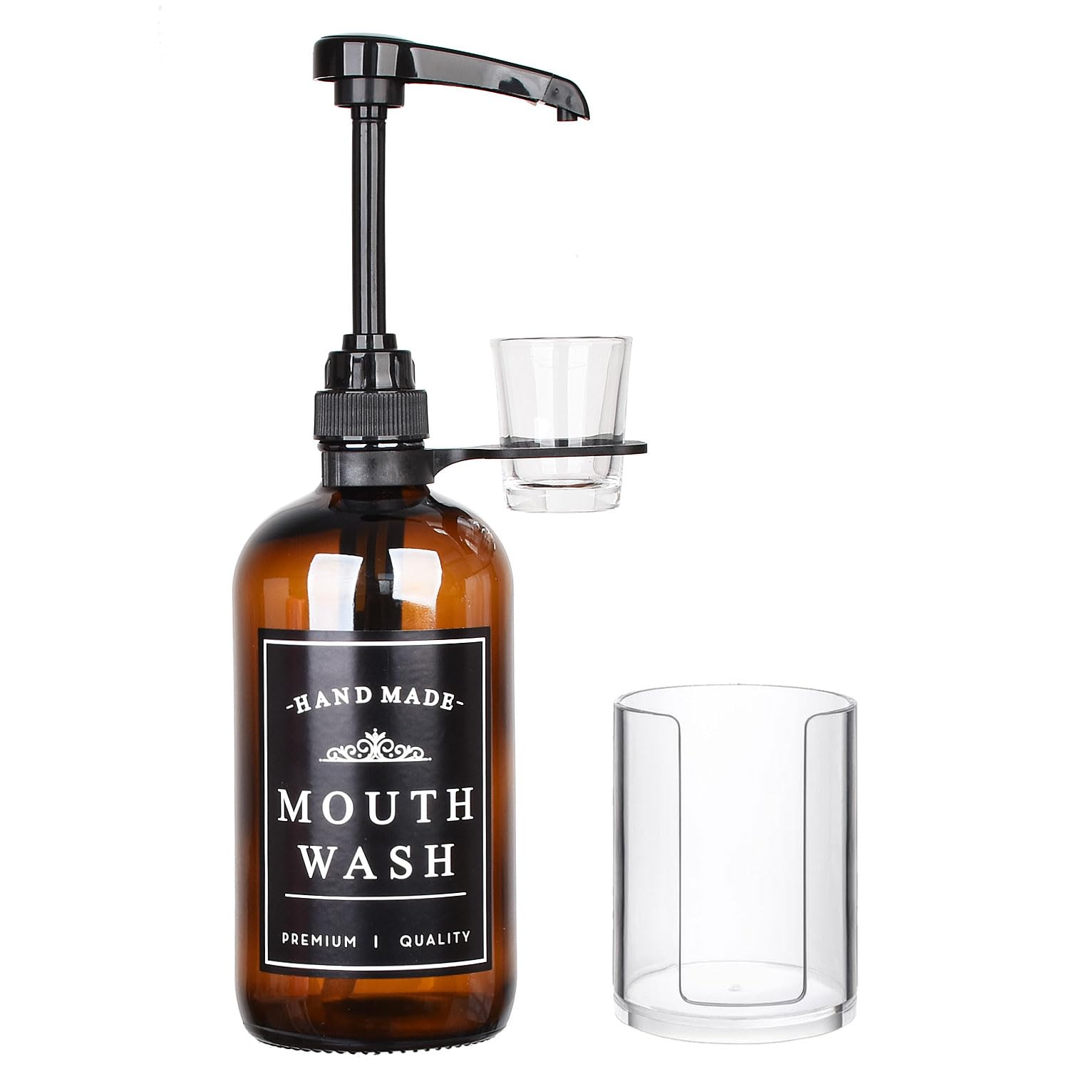Amber Glass Mouthwash Dispenser For Bathroom With Reusable Cup Holder And Pump, Glass Cup And Clear Plastic Paper Cup Dispenser