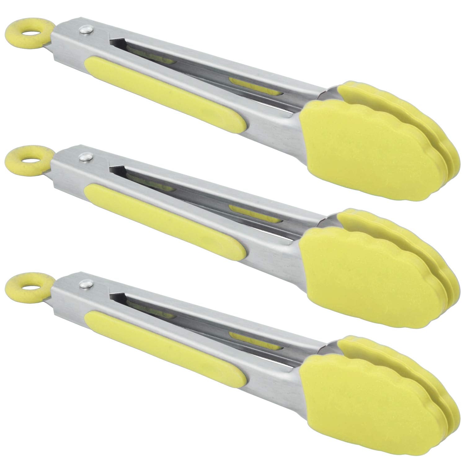 Hinmay Mini Tongs With Silicone Tips 7-Inch Small Serving Tongs, Set Of 3 (Yellow)