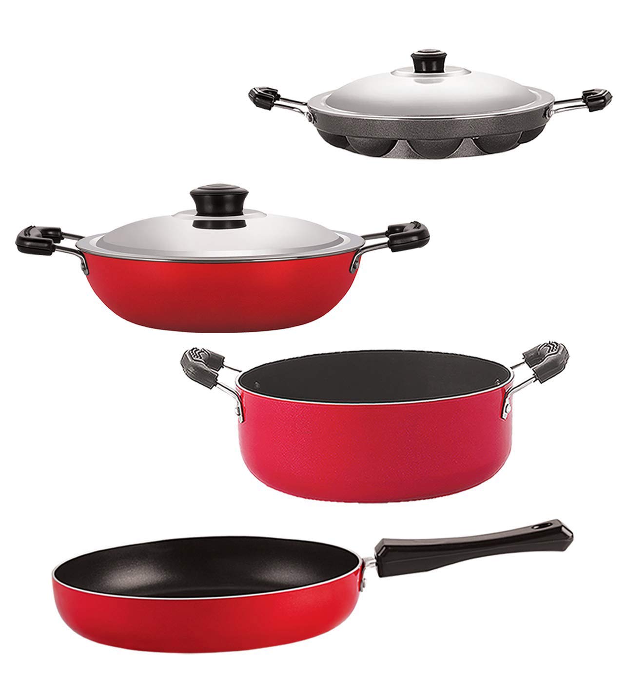 Nirlon Non Stick Cookware Set Of 4 Pieces Combo With Bakelight Handle (Fp13_Dkd(B)_Ap12_Cs24)