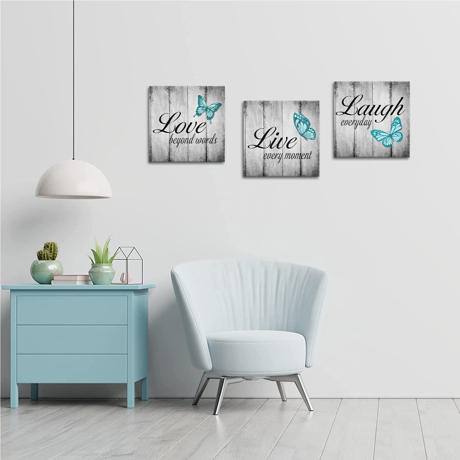 Conipit Teal Butterfly Canvas Wall Art Live Love Laugh Art Teal And Grey Pictures Wall Decor Inspirational Painting For Modern H