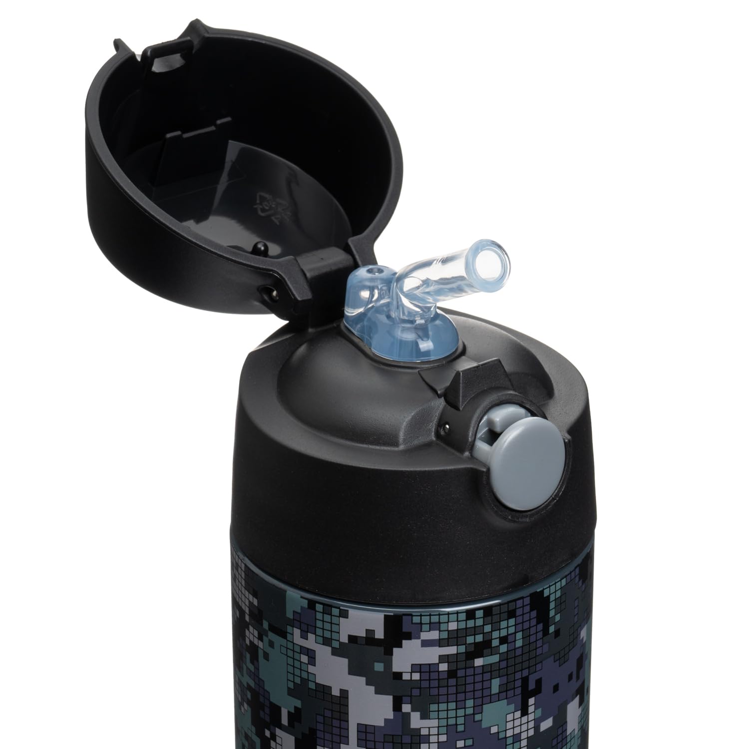 Snug Kids Water Bottle - insulated stainless steel thermos with straw (girlsBoys) - Black Digi camo  12oz