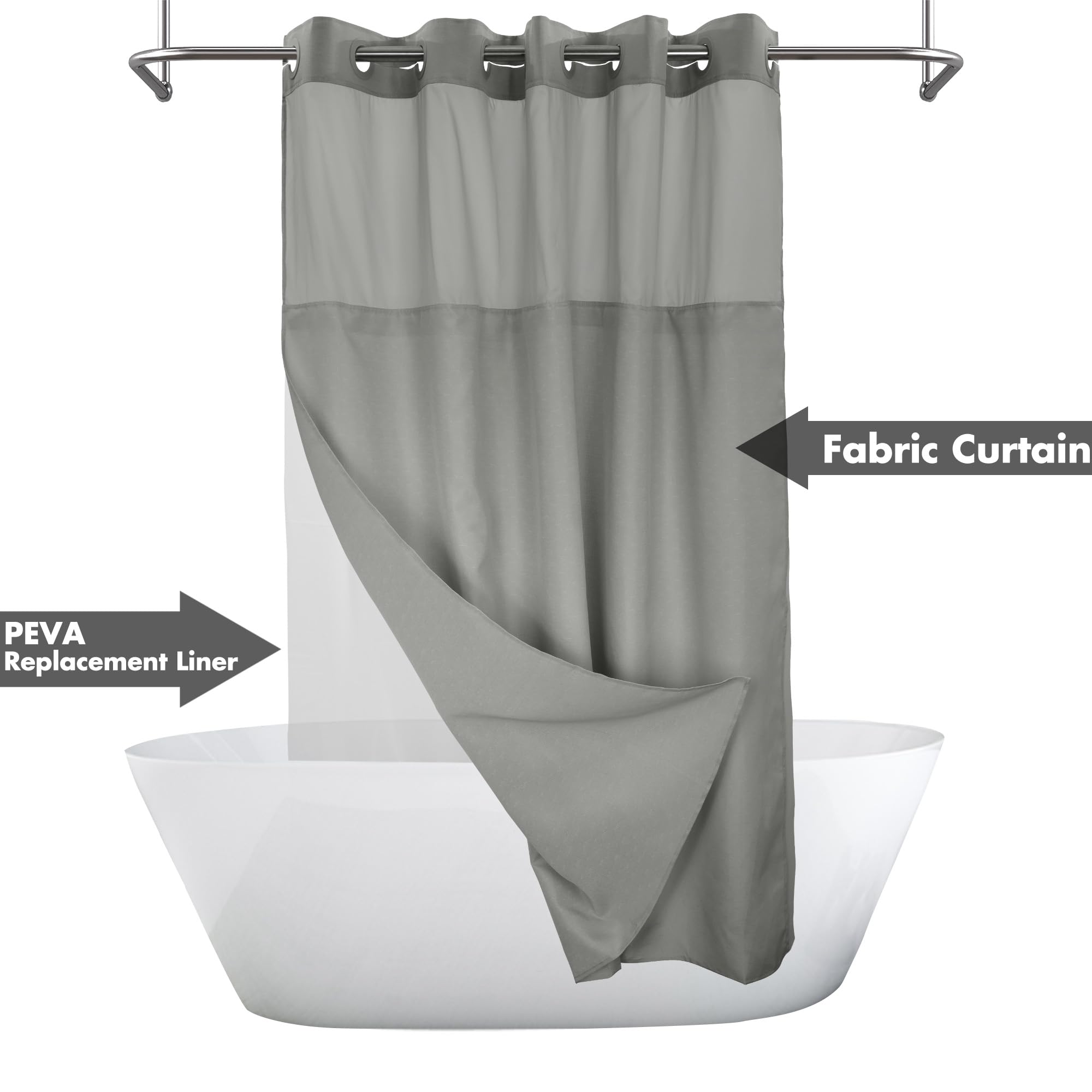 No Hook Slub Textured Shower Curtain with Waterproof PEVA Liner Set - 71'' x 74''(72'')  Hotel Style with See Through Top Window  Fabric Curtain & Waterproof Liner for Bathroom  Dark Gray  71x74