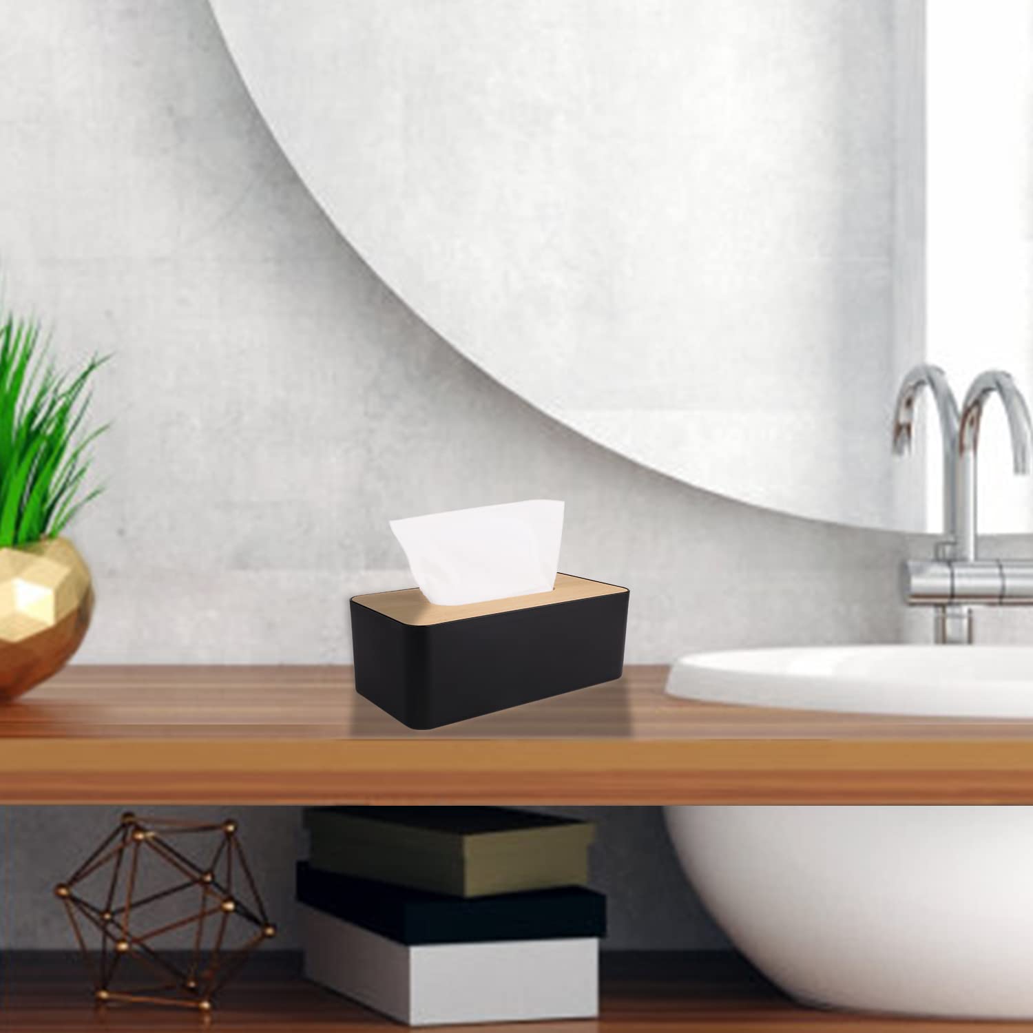 Tissue Box Cover,Tissue Holders,Tissue Box Holder For Bathrooms,Bamboo Cover Plate,Home And Office,9.7 * 5 * 3.6In (Black)