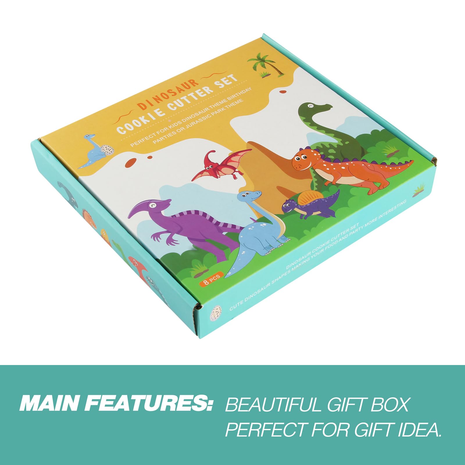 RUNHUAPPY Dinosaur Cookie Cutters Set of 8 - Stainless Steel Baking Molds for Kids - Triceratops, T-Rex, Stegosaurus, Silver