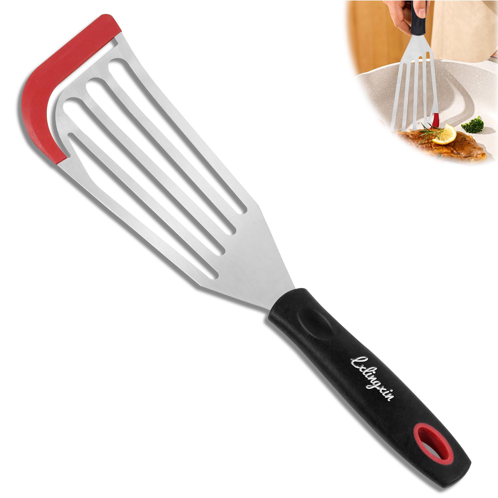 Lx Fish Spatula Fish Turner Spatula For Fish Metal Spatula, Silicone Fish Turner, Fish Flipper - Ideal For Grilling And Omelette