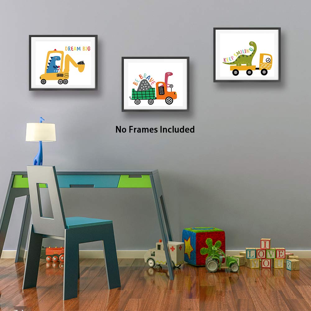 Funny Colorful Cute Dinosaur Truck Inspirational Quotes Art Print Humorous Quotes Painting  Dinosaur Wall Art Canvas Poster for Boy Room Nursery Classroom Playroom Decor  Set of 4 (8X10)  No Frame