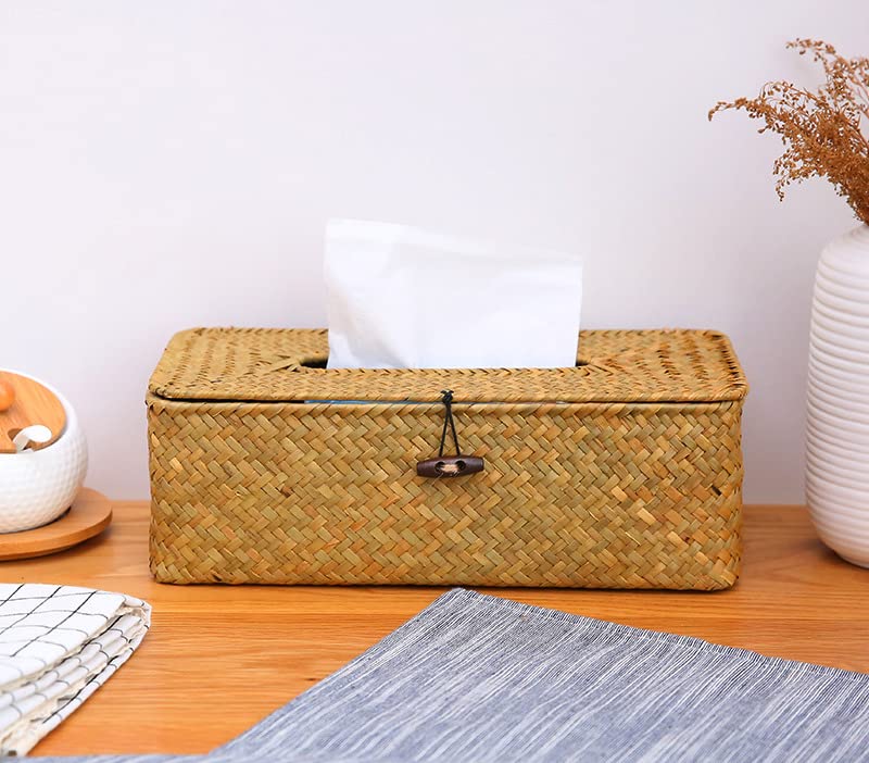 Seagrass Tissue Box Cover Rectangular Woven Napkin Holder Decorative For Bathroom Farmhouse (Natural, 10 X 5.5 X 4.2 Inch)
