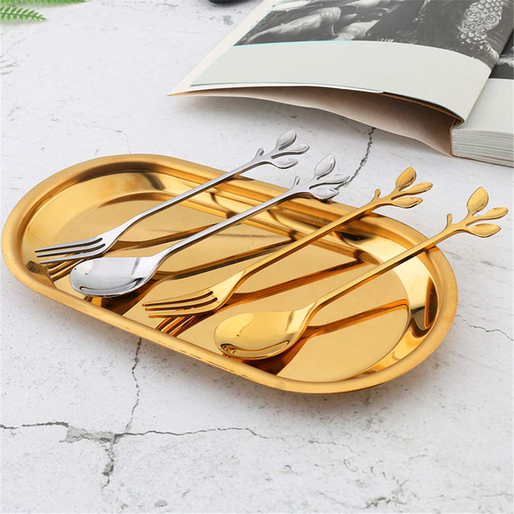 Turbokey Tableware Gold Leaf Coffee Spoon Fork 8 Pack(4 Spoons 4 Forks) Little Demitasse Espresso Spoon and Appetizer Dessert Forks Set 4.7 Inches Tea Spoon Set (Gold8)