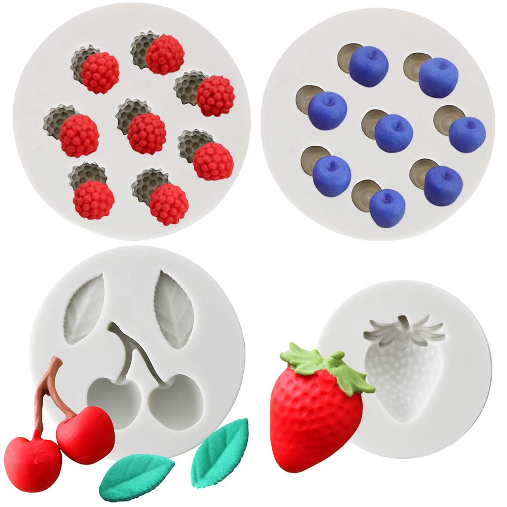 4Pcs/Set Blueberry Raspberry Cherry Strawberry Cake Fondant Molds, Berry Series Sugarcraft Gumpaste Silicone Mold For Chocolate