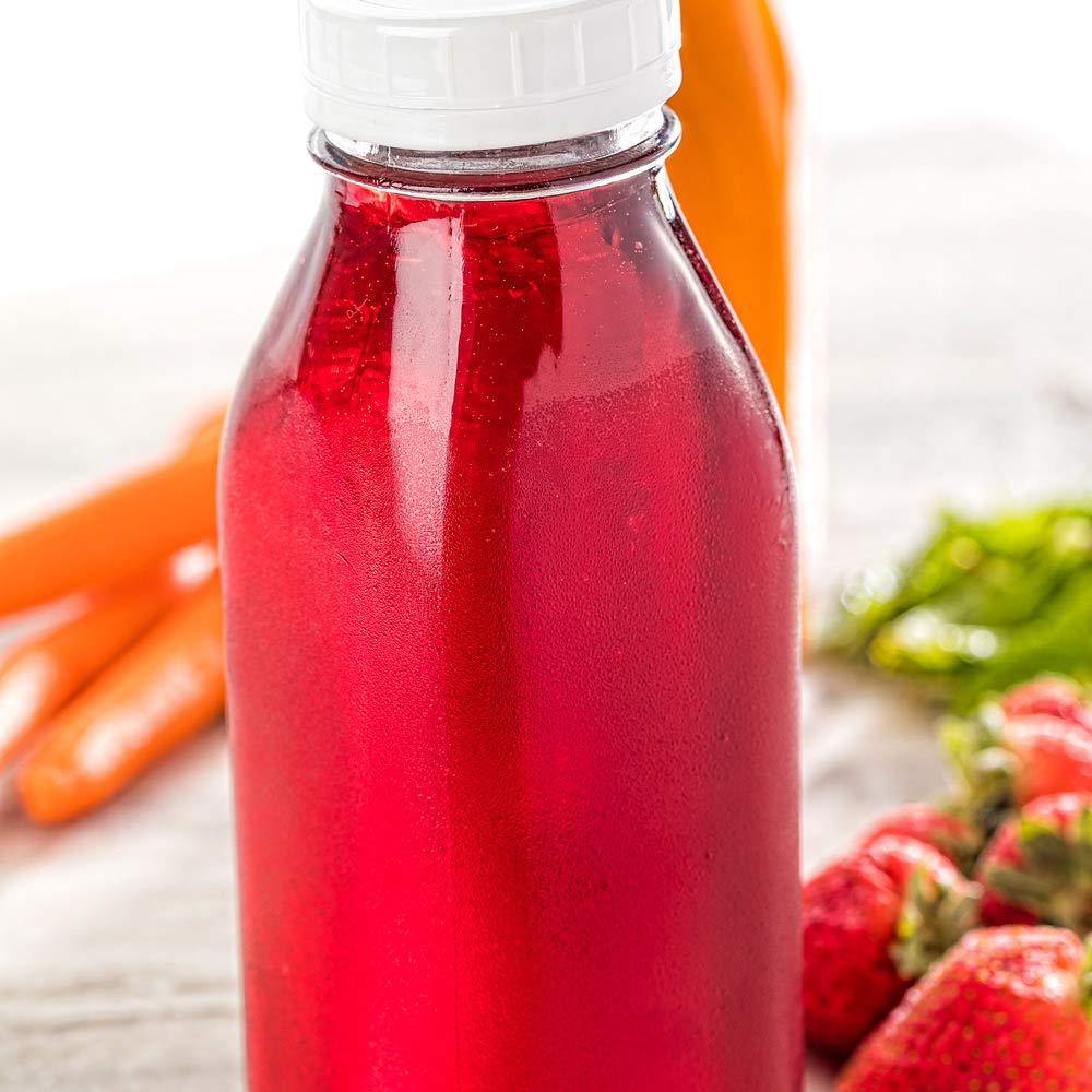 Restaurantware French Countryside 16 Ounce Juice Bottles 10 Square Juicing Bottles - With Tamper-Evident Caps Reusable Clear Gla
