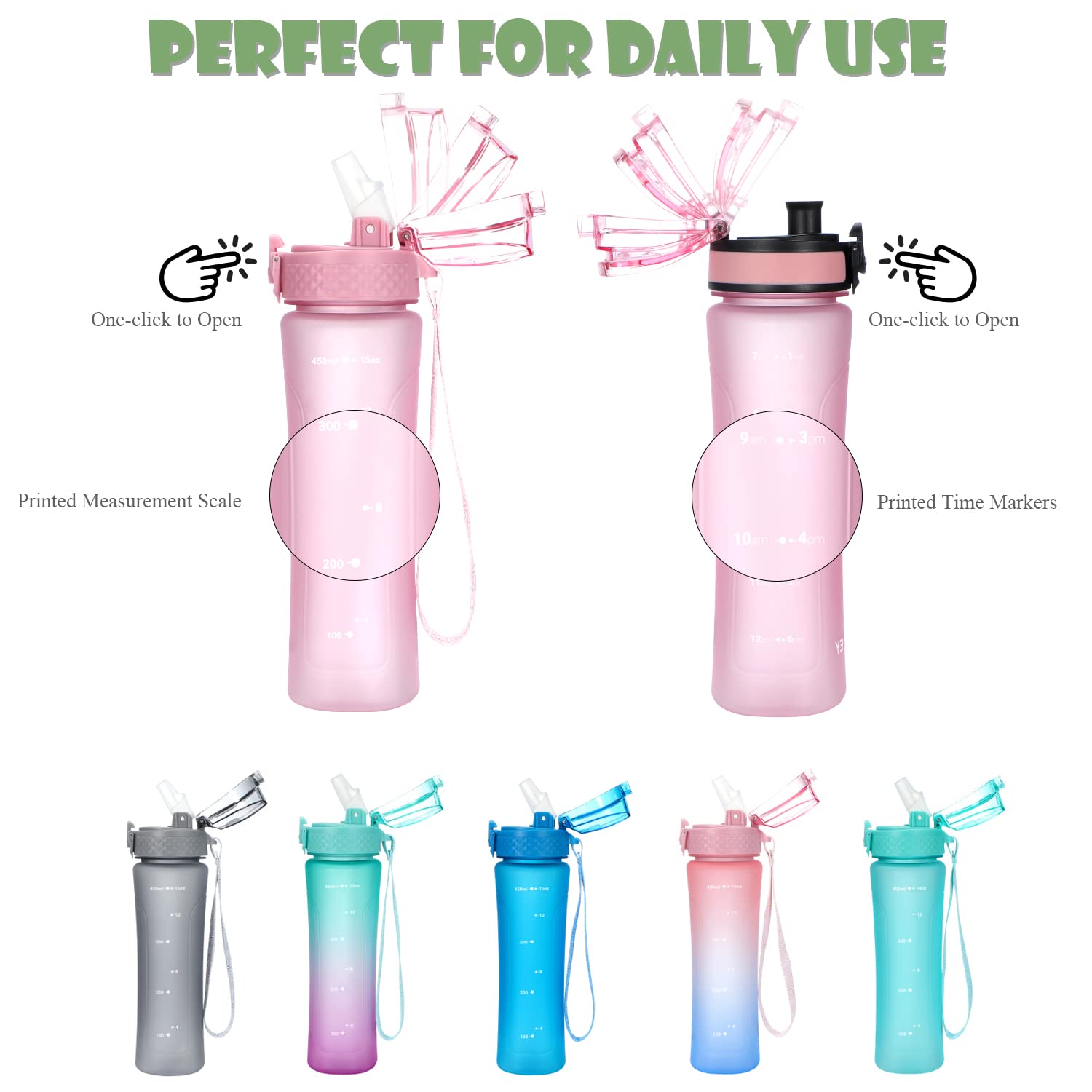 Oldley Water Bottle With Straw & Chug Lid For Kids Girls Child, 15 Oz Leak-Proof Bpa-Free Motivational Water Bottles With Time M