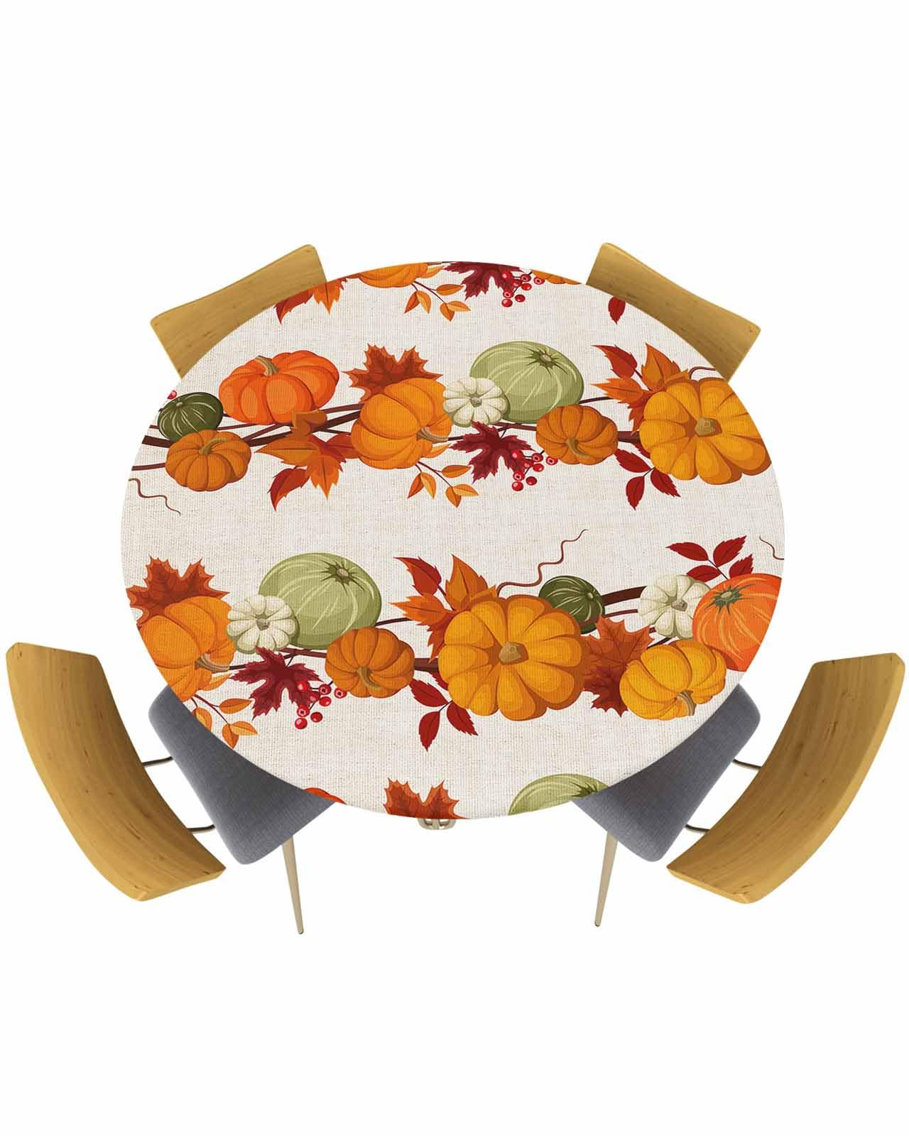 Chucoco Thanksgiving Day Round Fitted Table Cover For Dining Tables,Elastic Edged Tablecloth Autumn Maple Leaf Pumpkins Vines Wa