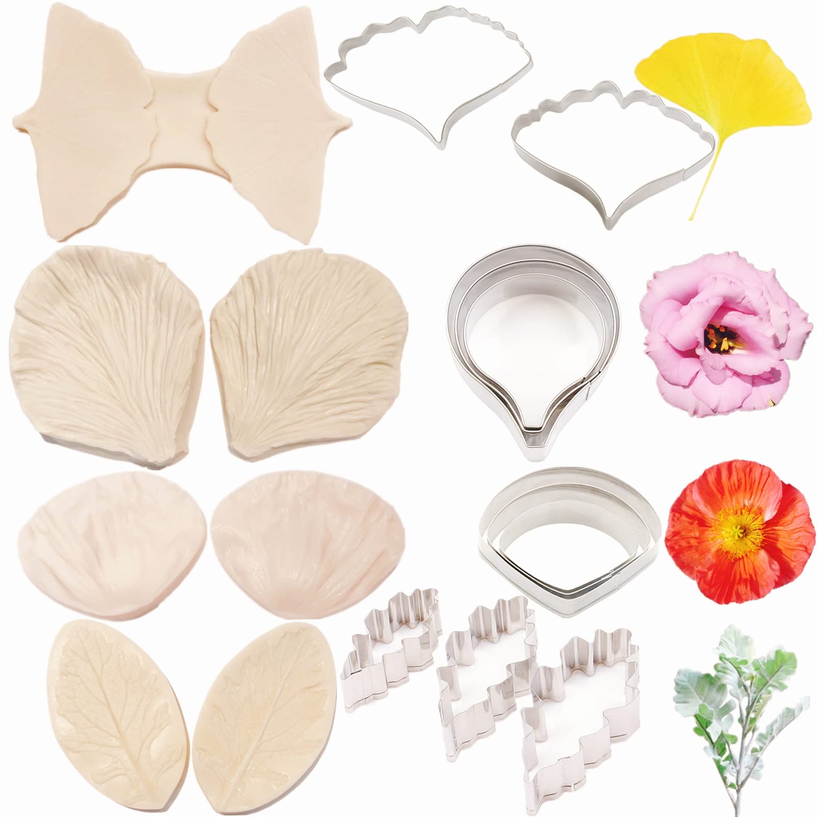 8Set Gumpaste Flower Silicone Mold And Cutter Stainless Steel Flower Cutter Fondant Flower Veining Molds Sugarcraft Flowers Maki