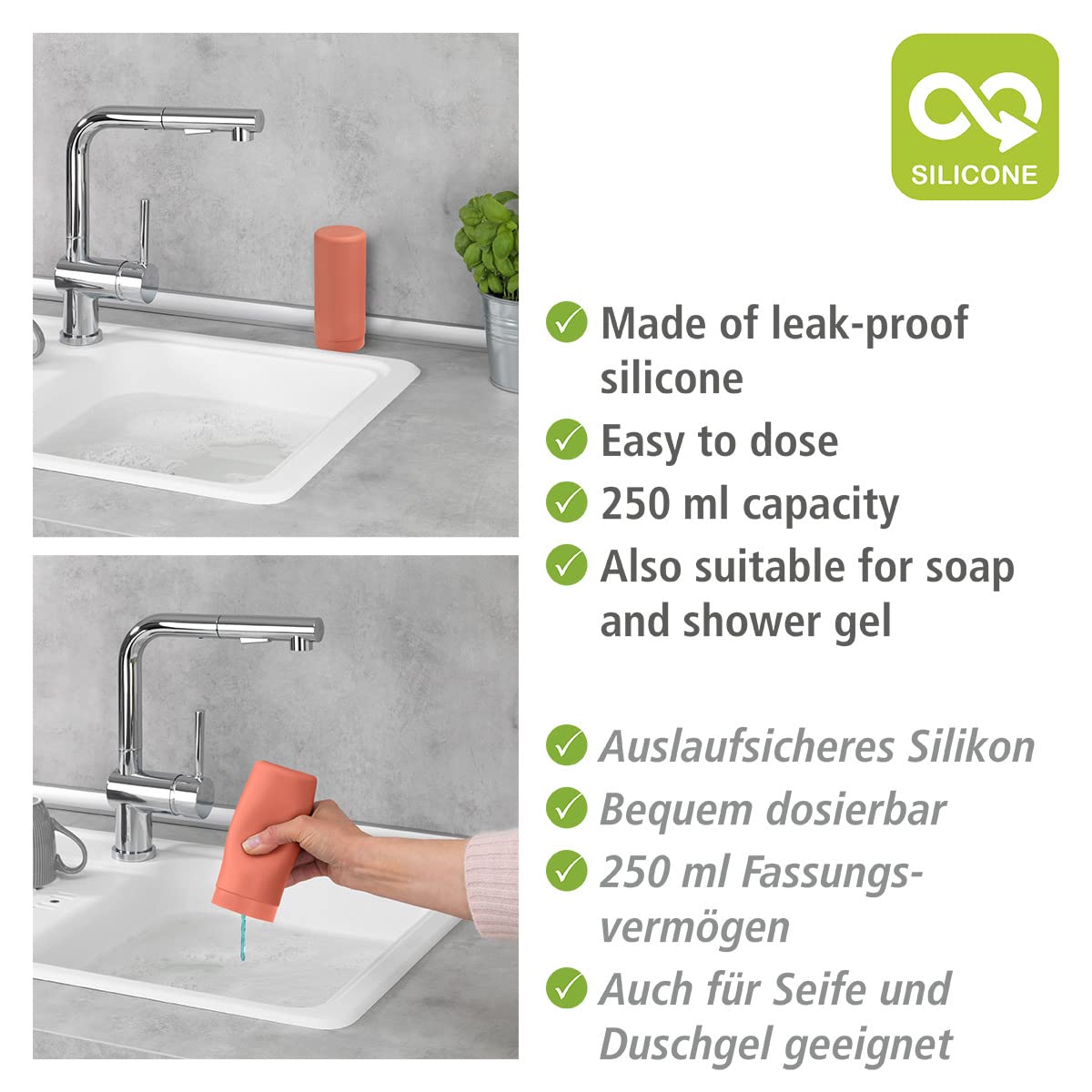 Wenko Easy Squeeze Dish Soap Dispenser For Kitchen Sink, Squeeze Bottle For Washing Up Liquid And Hand Soap, Round Refillable Pl