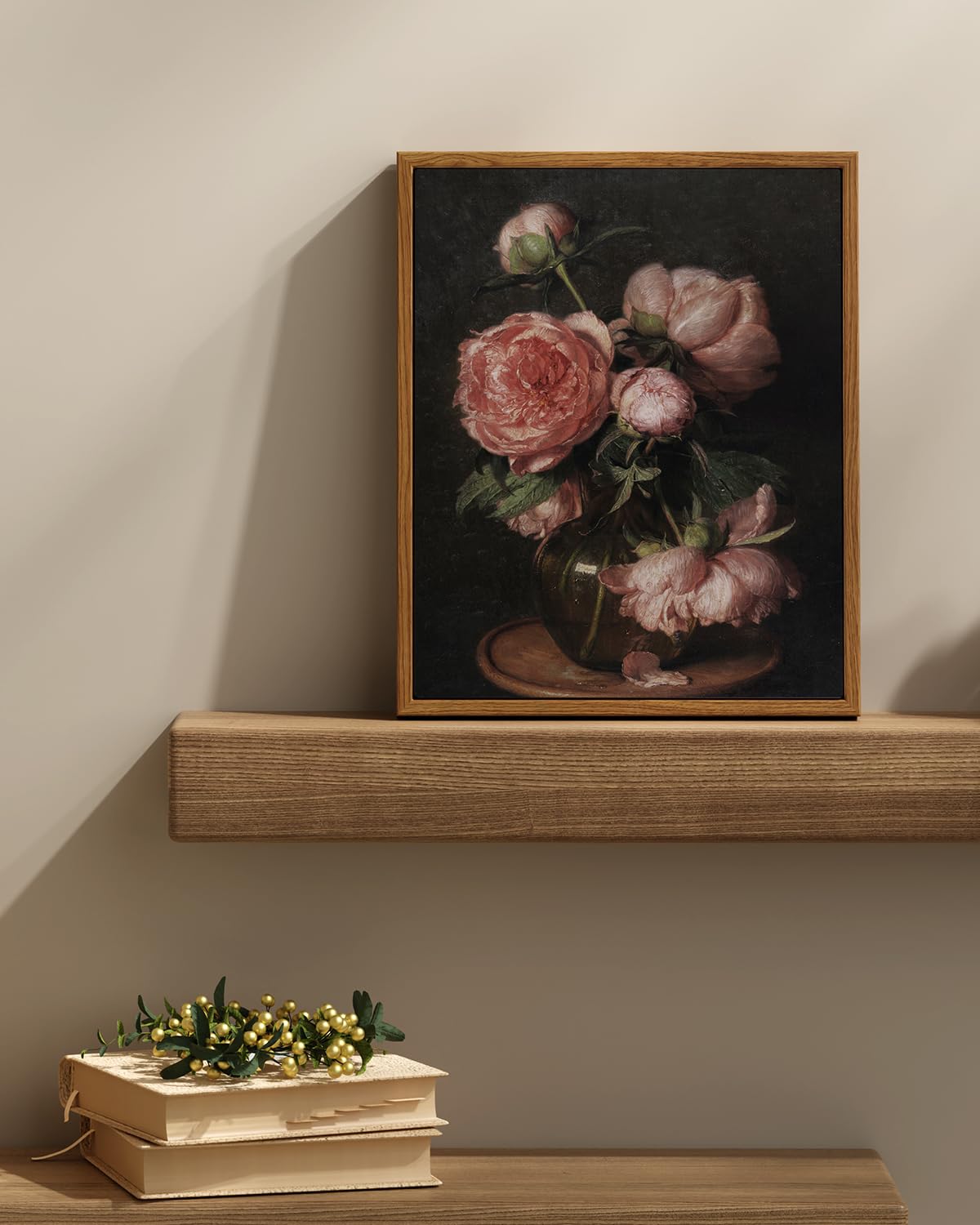 Insimsea Framed Canvas Prints Art Vintage Decor, Botanical Wall Art Prints, Peony Flower Paintings, Flower Pictures Wall Decor F