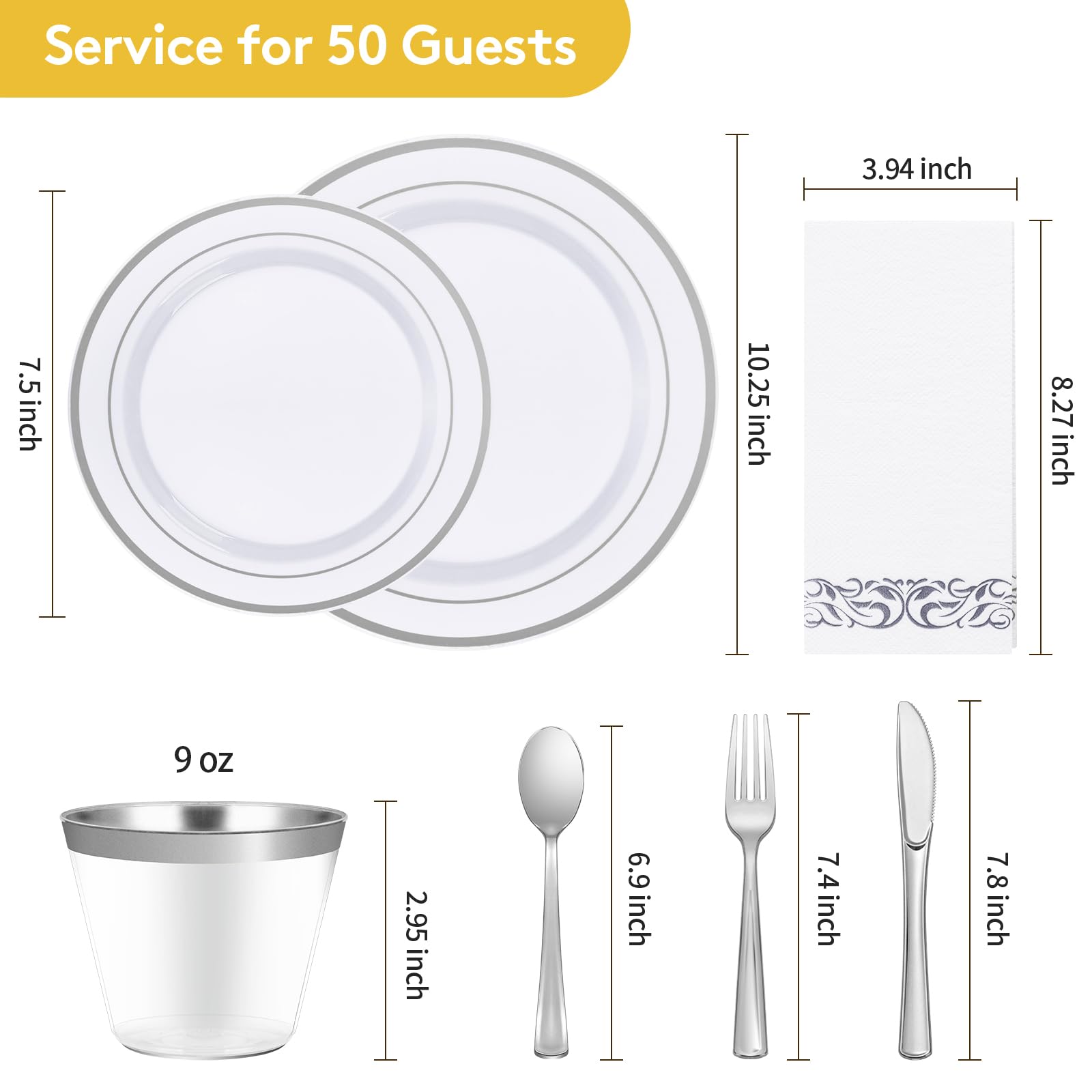 350 Piece Silver Dinnerware Set for 50 Guests  disposable Plastic Plates for Party  Include: 50 Silver Rim Dinner Plates  50 Dessert Plates  50 Paper Napkins  50 Cups  50 Plastic Silverware set