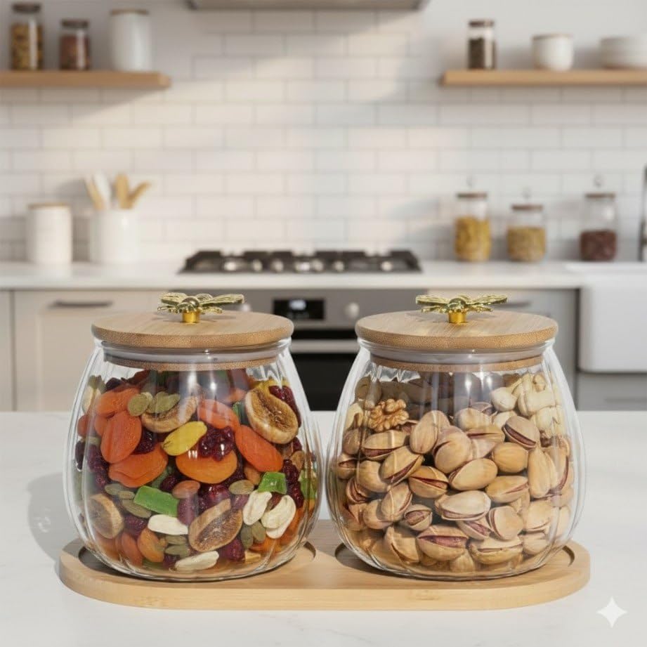 Skilox Storage Jar Trio With Lid & Display Tray | 3Piece Clear Canister Set For Spices, Condiments & Dry Ingredients | Kitchen 