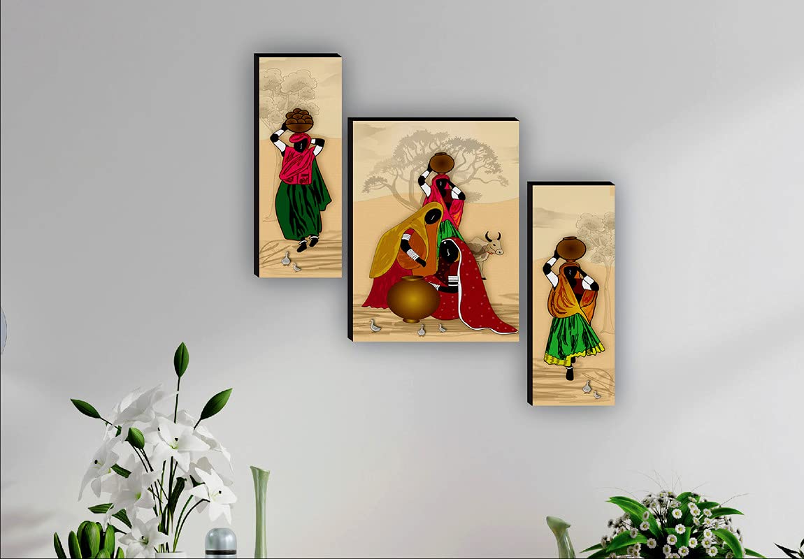 Saf Set Of 3 Rajasthani Village Ladies Modren Art Uv Textured Home Decorative Gift Item Mdf Painting 12 Inch X 18 Inch Saf-Jms67