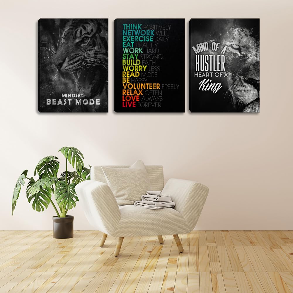 3 Pieces Mindset Wall Decor Posters Room Decor For Men Motivational Tiger Wall Art For Office Inspirational Picture Painting Pos