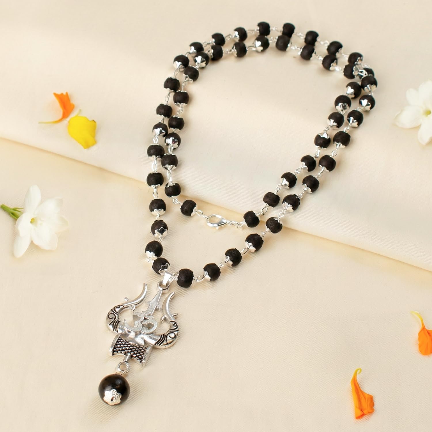 7Mm Karungali Mala With Om Brass Pendant
