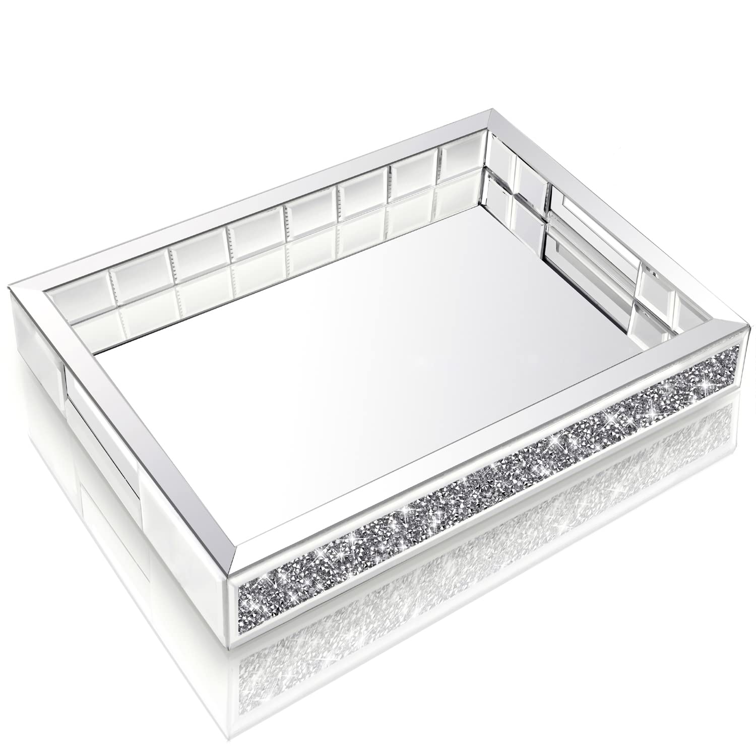Wocred Mirror Jewelry Organizer fits Dresser Bedroom,Crushed Diamond Bathroom Tray with Handles,Perfume Tray,Decorative Serving 