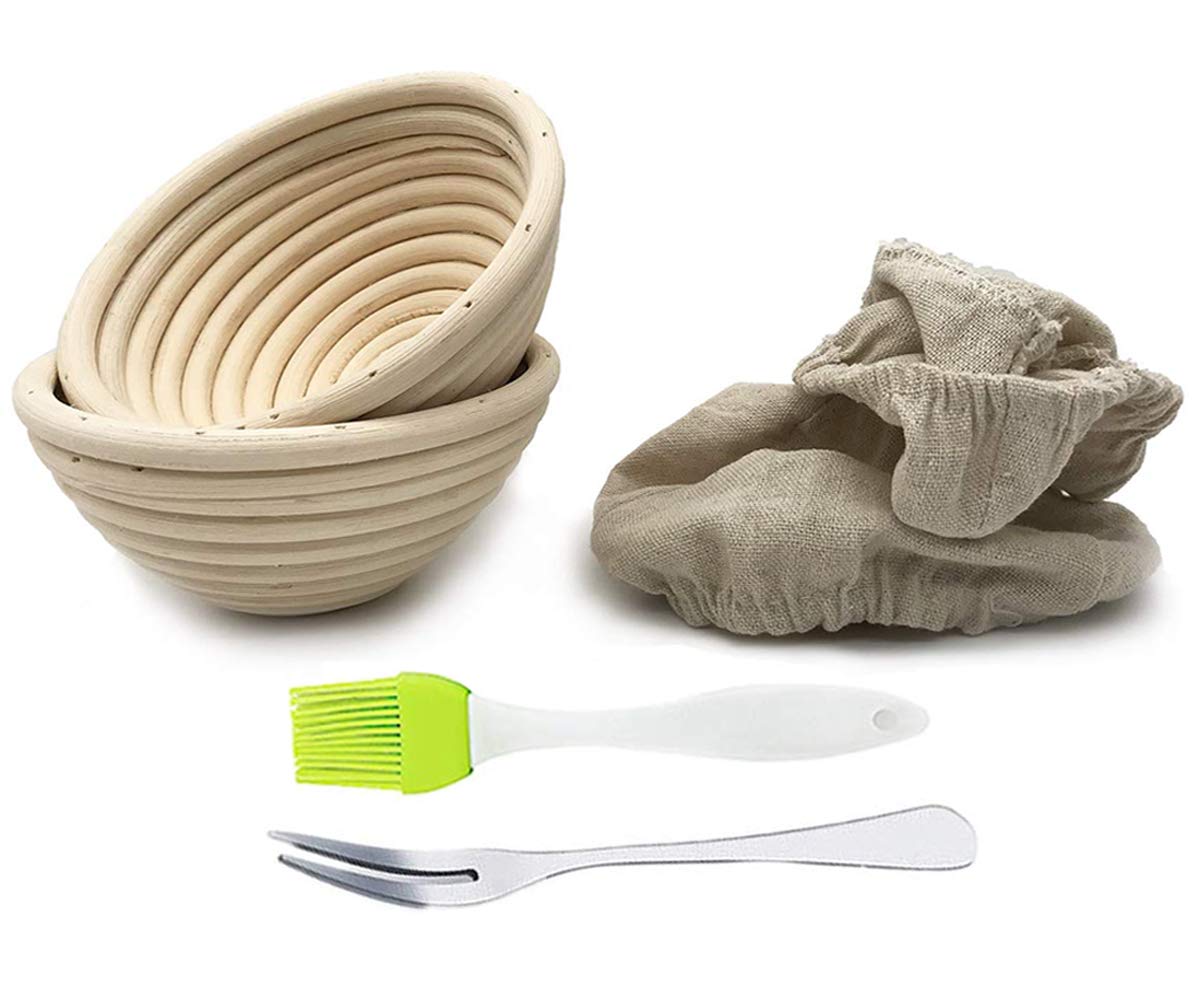 2 Pack Of Mini 5 Inch Round Brotform Banneton Proofing Basket Bread Bowl For Baking Dough (Bonus Linen Cover) (5 Inch)