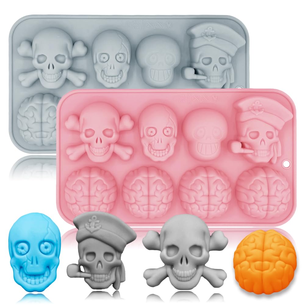 2 Pack Halloween Chocolate Molds 3D Skull And Brain Halloween Themed Baking Mould Tray Diy Baking Tool For Chocolate Cake Desser