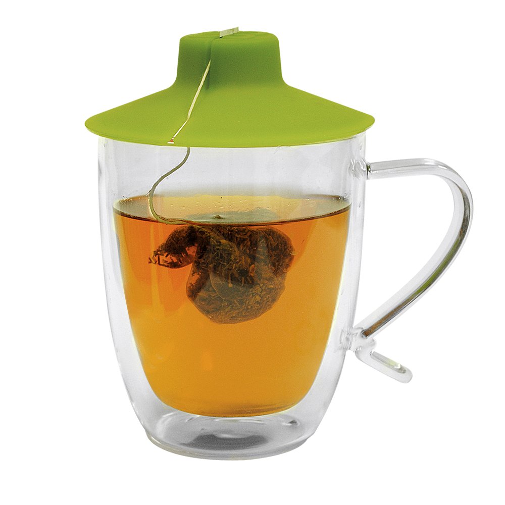Primula Double Wall Glass Mug And Tea Bag Buddy - Temperature Safe 16 Oz. Clear Glass Mug - 100% Food Grade Green Silicone Tea B