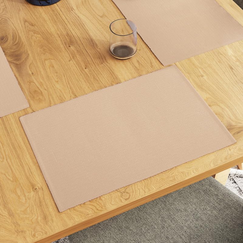 Encasa Xo Dining Placemat Set Of 6 | Solid Beige Color | Fine Ribbed Cotton Table Mat | Size 19X13 In | Machine Washable