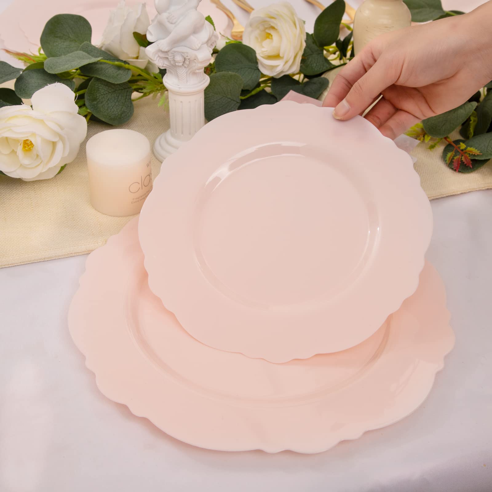 WDF 60pcs Pink Plastic Plates - Baroque Pink Disposable Plates Including 30 Pink Dinner Plates 10.25inch  30 Pink Dessert Plates 7.5inch for Upscale Wedding &Parties