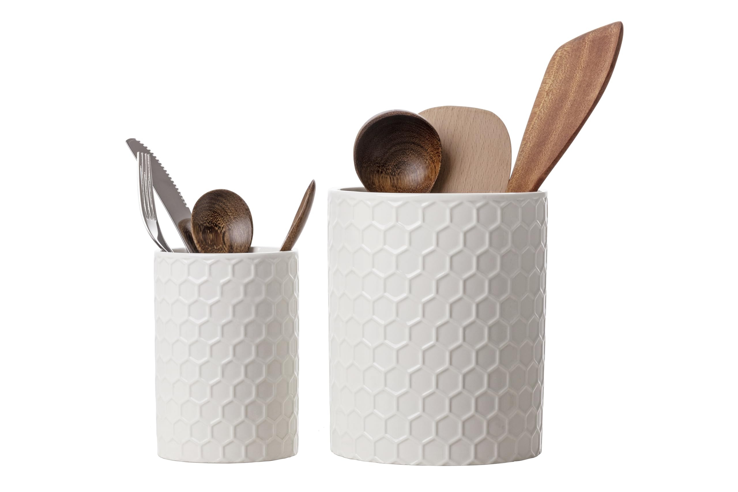 Docrin Ceramic Kitchen Utensil Holder 2 Pack  6.8+5.1 Inch Countertop Storage Organizer, NonSlip Base, Easy to Clean, Elegan