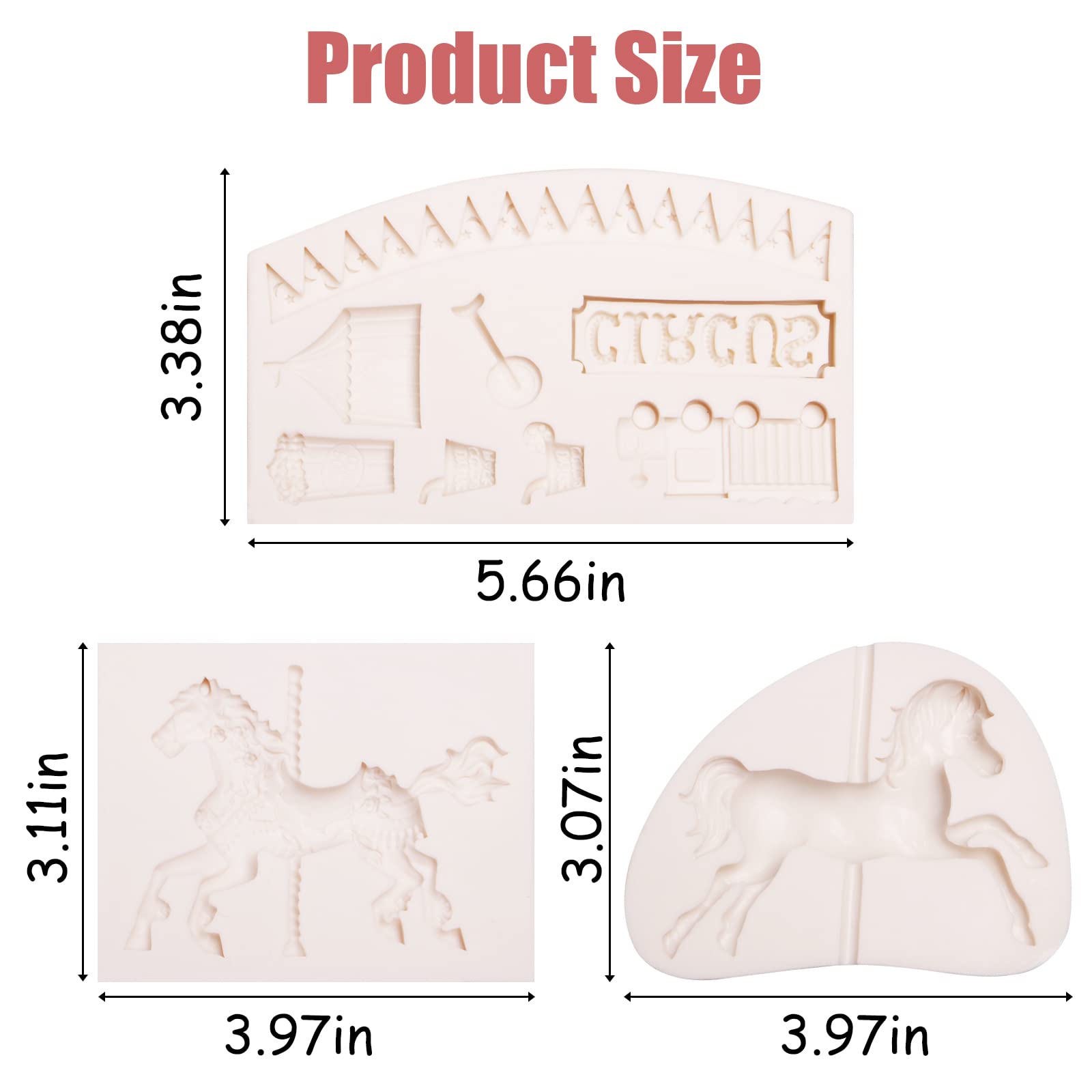 3D Carousel Horse Silicone Molds 3 Pcs, Circus Fondant Mold For Cake Decoration, Candy Sugar Cupcake Topper Cake Pop Popsicle, B