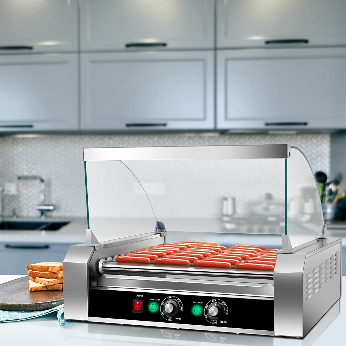 Kotek Hot Dog Roller Machine, 30 Hot Dog And 11 Non-Stick Roller, Sausage Grill Cooker Machine With Glass Cover, Drip Tray, Dual