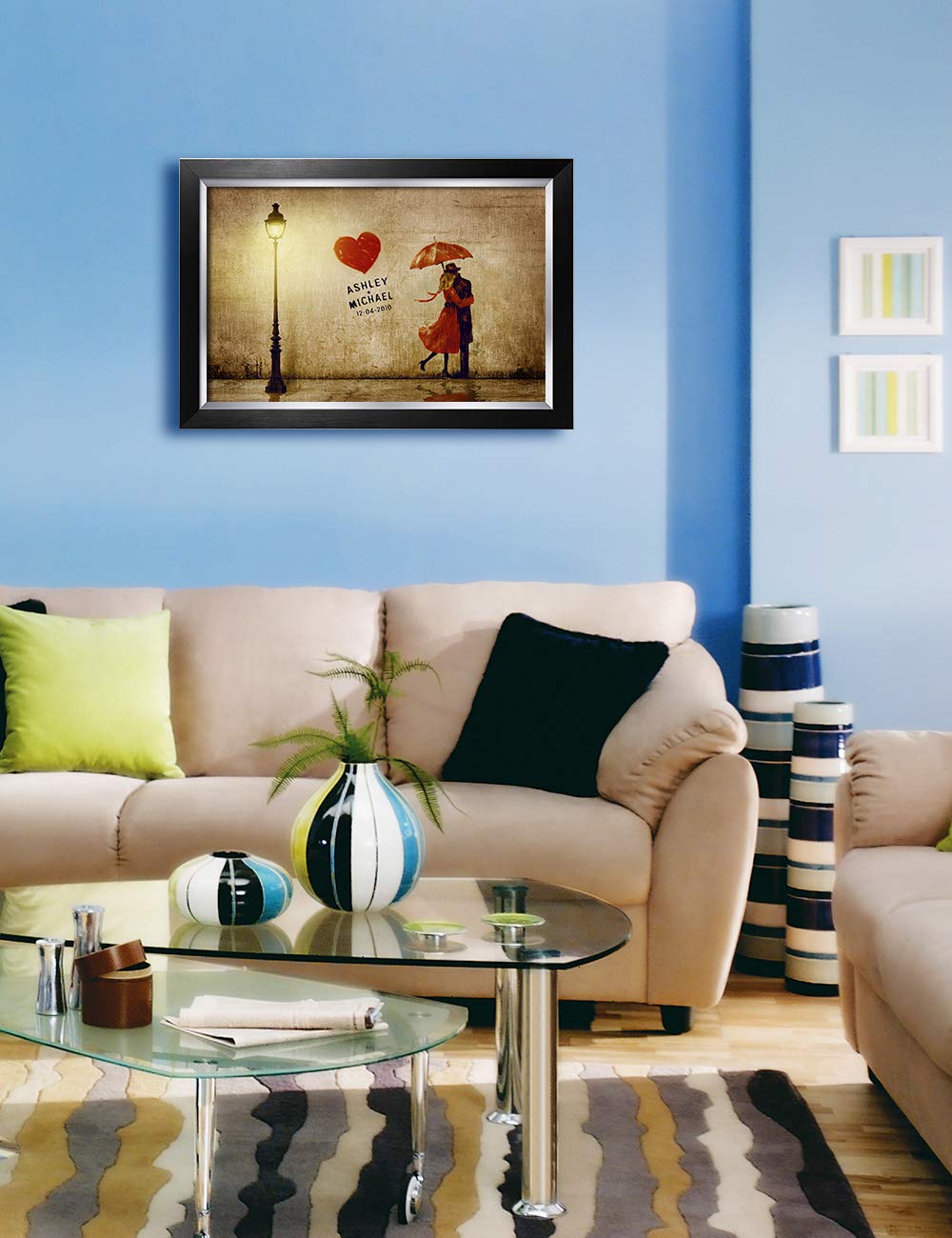 Ipic - Our First Kiss Personalized Framed Artwork For Romantic Anniversary And Wedding Gifts; Picture Size: 24X16, Framed Size: