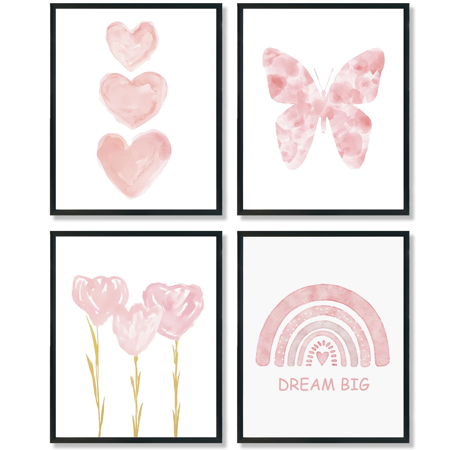 Ulegie Toddler Girl Room Decor, Pink Girls Room Nursery Dream Big Wall Art Prints Set Of 4, Watercolor Pink Butterfly Rainbow Fl