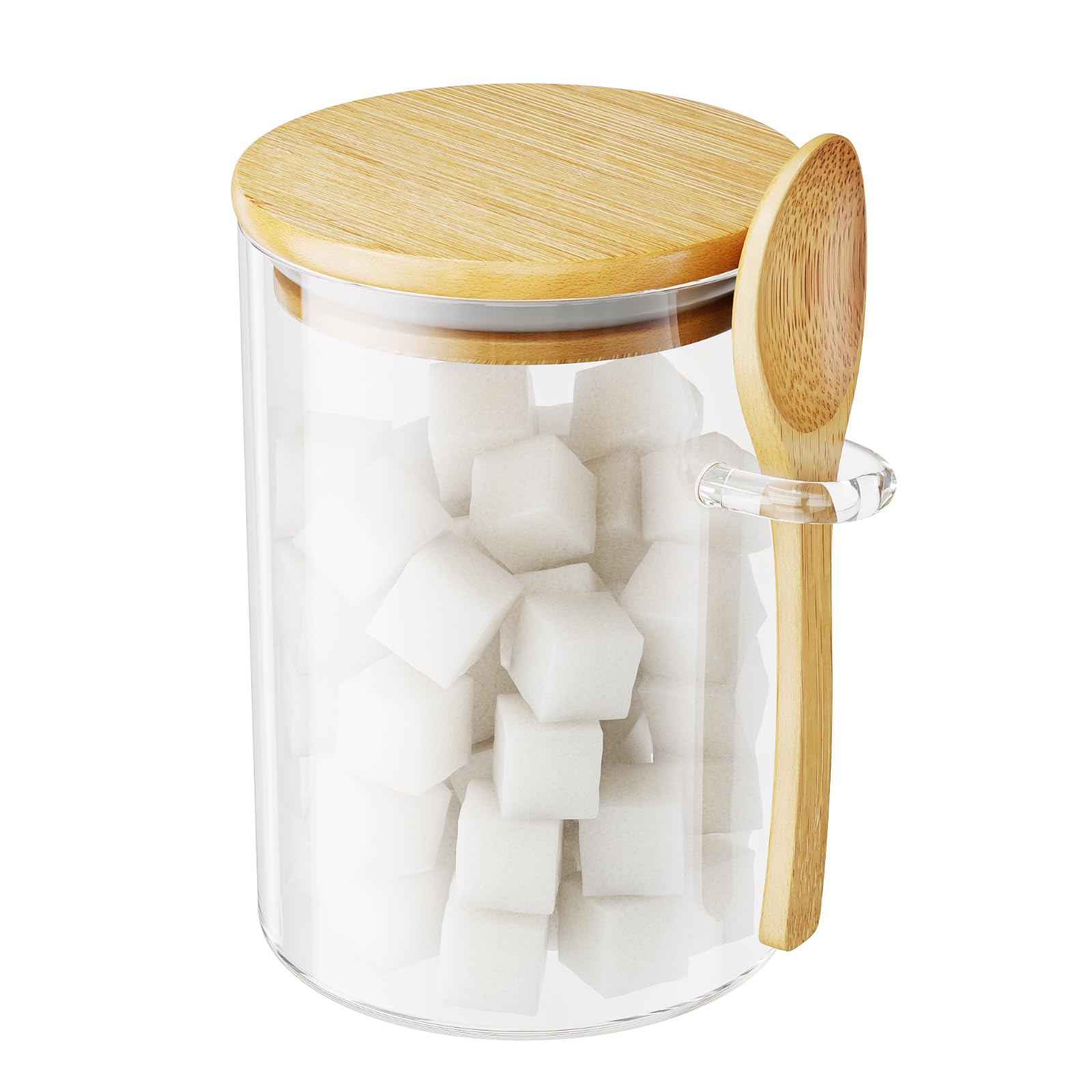 KOIKEY Sugar Jar Glass Salt Container,15 Ounces Clear Airtight Caning with Bamboo Lid and Spoon Scoop, Storage Overnight Oats, S