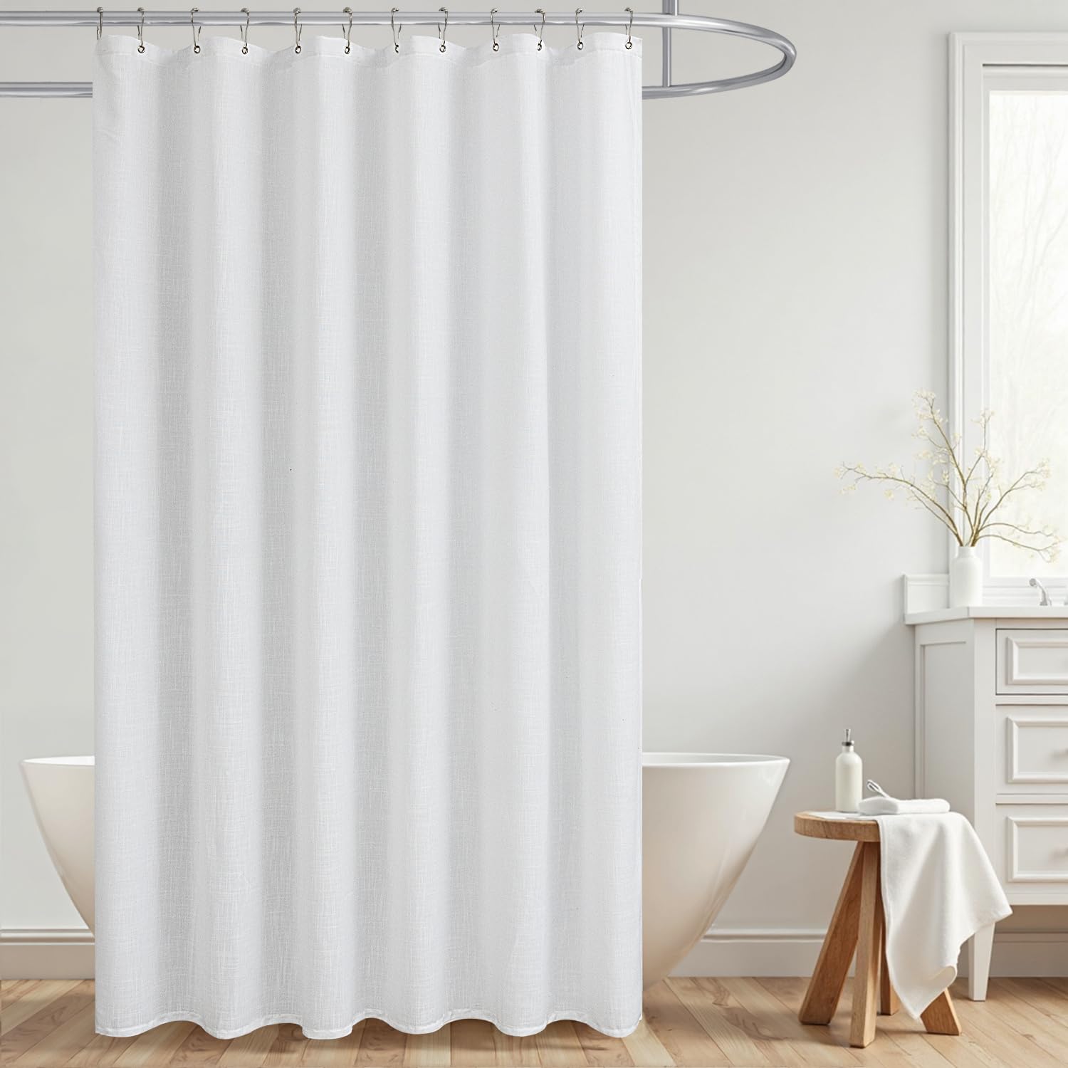 KOUFALL 84 Inch Extra Long Shower Curtain Liner with Hooks Burlap Linen Fabric Waterproof Minimalist Shabby Chic Boho Farmhouse Shower Curtains for Bathroom 72x84 Inches White