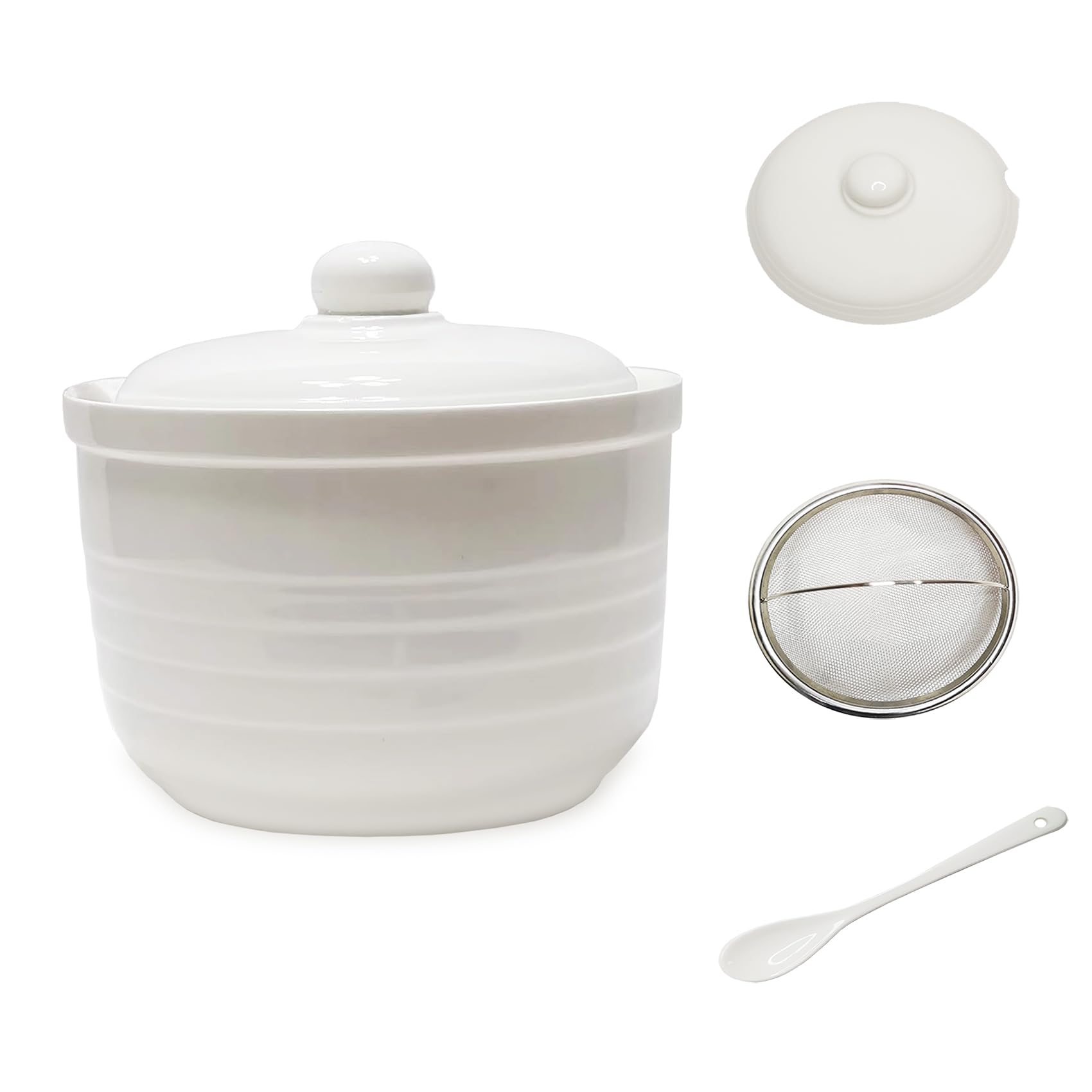 MaoYaMao Ceramic Bacon Grease Container with Stainless Steel Strainer,Cooking Oil Storage Can 17oz(White)