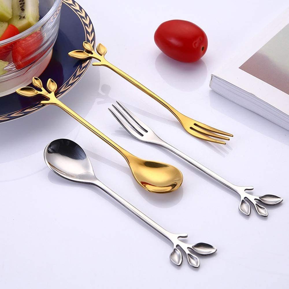 Ansaw 10-Pc Silver Mini Spoons & Forks Set, 4.7'' - Stainless Steel, Leaf Handle, Ideal For Coffee,Tea, Appetizers, Tastings, Pa