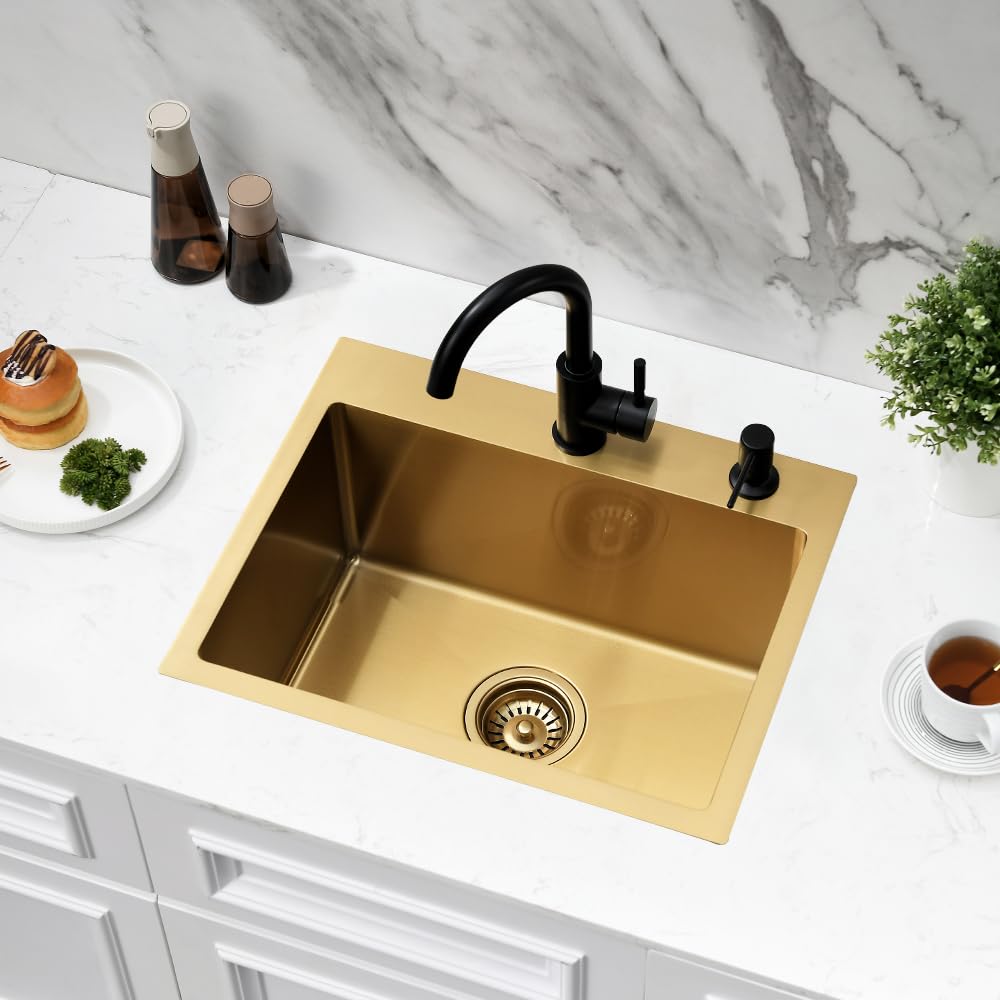 Jshozzy Gold Bar Sink Drop In, 20'' X 16'' Drop In Kitchen Sink 16 Gauge Stainless Steel Small Kitchen Sink Outdoor Rv Sink Sing